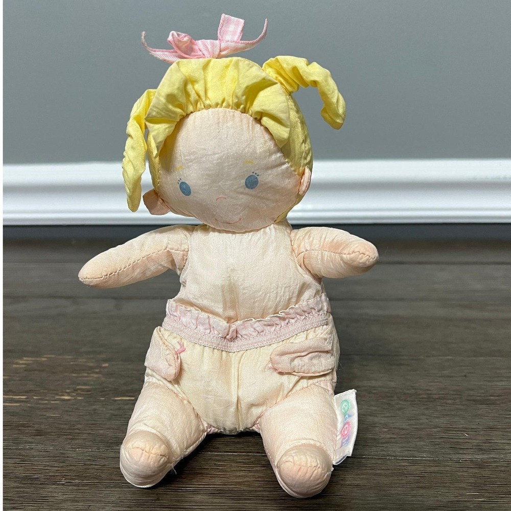 Vintage Eden Nylon Baby Doll Plush Blonde Hair Pink Bow Pastel Nursery Toy 7"